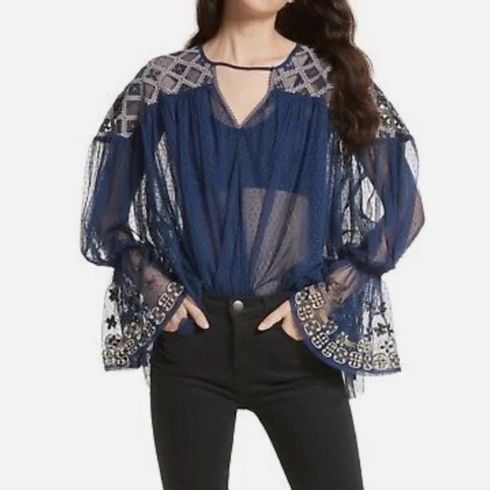 Free People Joyride Sheer Embroidered Top